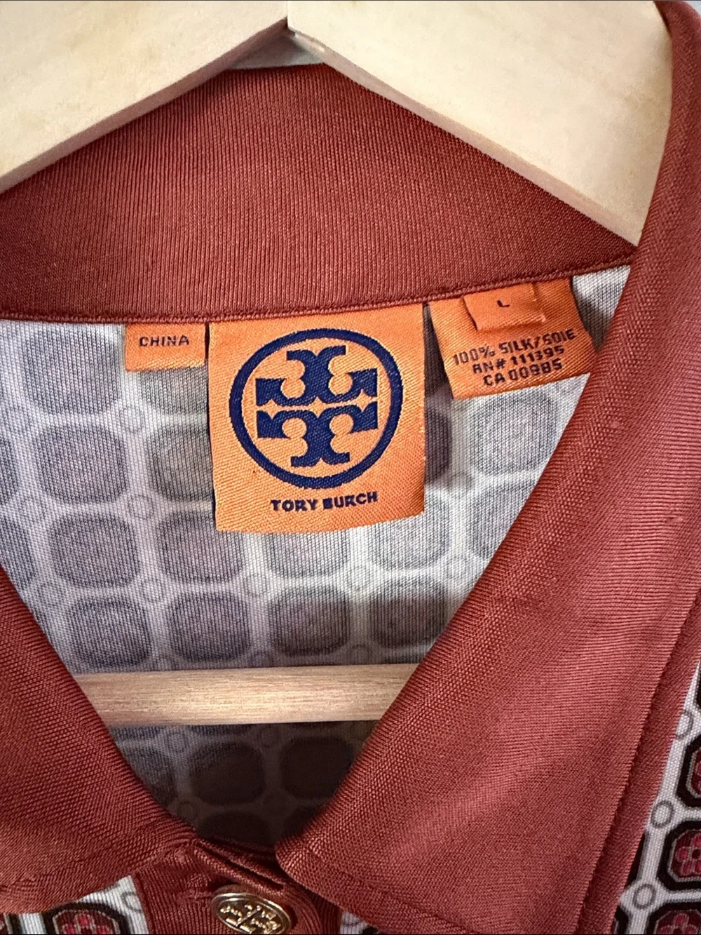 Tory Burch Rust and Cream Geometric Knit Polo Midi Dress